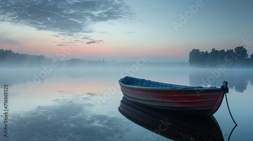 A serene Eastern European lake at dawn with mist rising off the water and a lone wooden boat.