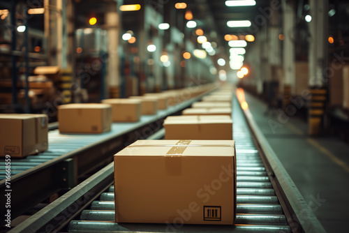 Cardboard boxes in warehouse being sorted on conveyor for delivery shipping  © ChubbyCat