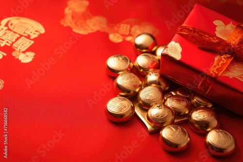 Chinese new year gold ingots or golden lump on a red background.