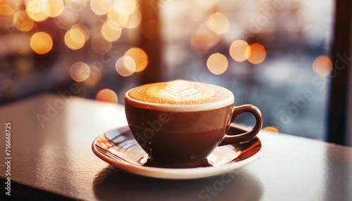 A brown cup of coffee with foam shaped like a leaf and beautiful bokeh lights in the background. Low depth of field.
