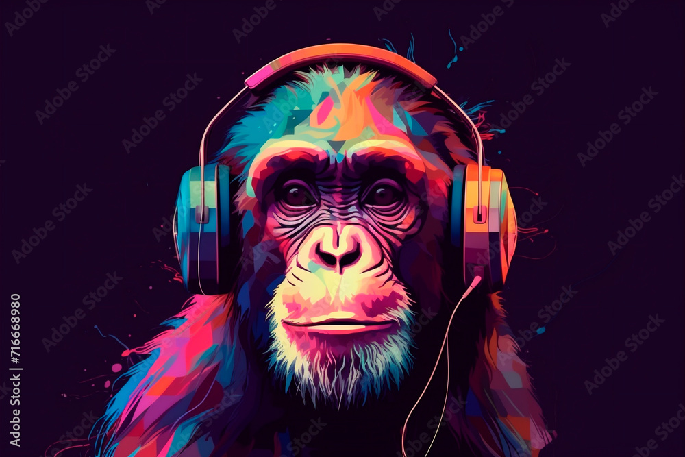 Generative Ai illustration of a portrait of a party monkey ape with headphones on a colorful abstract background Generative Ai illustration of a portrait of a party monkey ape with headphones on a colorful abstract background