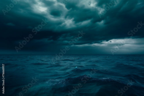 Generative Ai image of a horror black blue sky, sea haunted cloud, scary ocean, depression background, mystery gloomy dark theme, blur texture. © JoseLuis