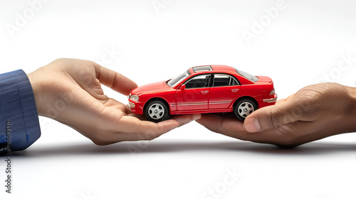 automotive safety and insurance, man's hand holding red car isolated on white background. Close up. High resolution product, generative ai