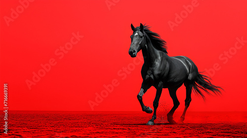black horse on plain red background  generative ai