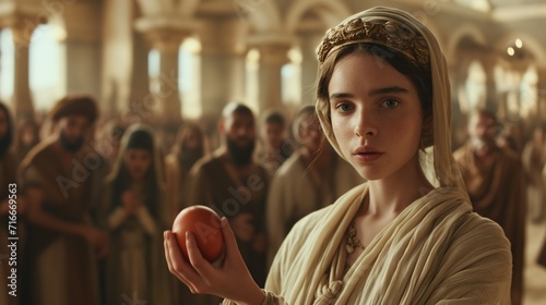 Saint Mary Magdalene holds a red egg in the palace at the reception of Emperor Tiberius, Christ has risen, by the power of his faith in God, in Jesus Christ, changing the color of the egg to red. photo