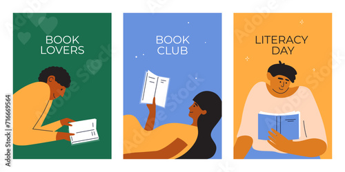 Banners set of books lovers, literacy day, book club or festival. People read literature, poetry sitting or lying. Diversity man and woman holding book in hand. Leisure, education vector illustration