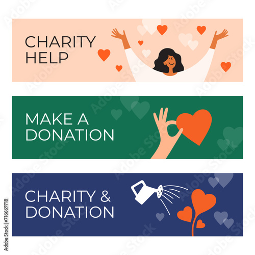 Donate, charity, helping hand vector illustration. Woman catching hearts accepting help. Watering can irrigates heart shape plant. Human giving love. Donation, aid, volunteer social care banners set
