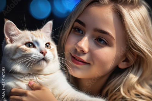 Adorable, cute girl hugging cat at home. Pets, friendship, home, happiness concept . Generative AI