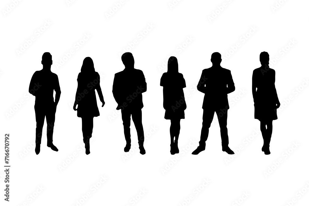 Vector silhouettes man and woman, couple, business people, group , standing, black color, isolated on white background