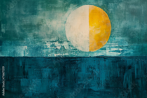 circular terracotta tile with blue, green and yellow colors, in the style of energetic mark making, americana iconography, industrial paintings, bold contrast and textural play, light white and light 