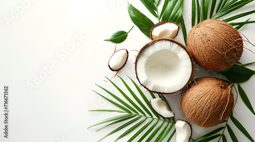 Fresh coconuts on Isolated Whtie background, creative flat lay healthy food concept, Free Copy Space, Generative Ai