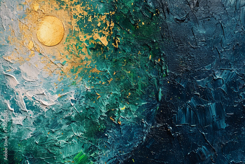 circular terracotta tile with blue, green and yellow colors, in the style of energetic mark making, americana iconography, industrial paintings, bold contrast and textural play, light white and light 