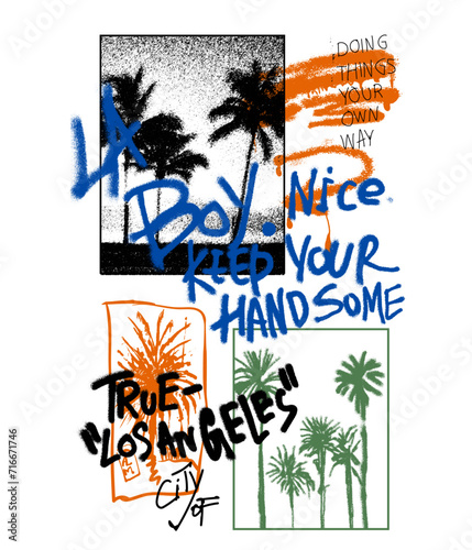 Graffiti text print and palm tree summer beach print , graffiti art of Los angels,  graffiti slogan print with spray effect for graphic tee t shirt or sweatshirt - Vector