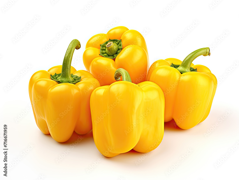 Vibrant yellow bell peppers: a burst of flavor and perfect for salads. Isolated on white background, their freshness shines through Vibrant yellow bell peppers: a burst of flavor and perfect for salads. Isolated on white background, their freshness shines through