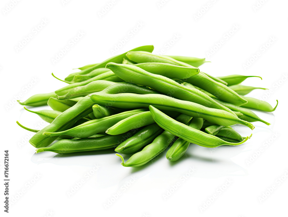 Vibrant green beans, a crisp delight, isolated on a white canvas—perfect as a snack or a delectable side dish Vibrant green beans, a crisp delight, isolated on a white canvas—perfect as a snack or a delectable side dish