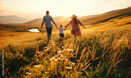 Happy family walking together in the summer meadow in the soft sunset light