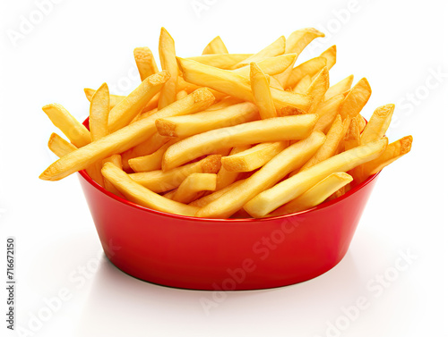 Golden fries in a vibrant red basket; crispy, salty, and addictive. Isolation on a white canvas enhances their tempting allure