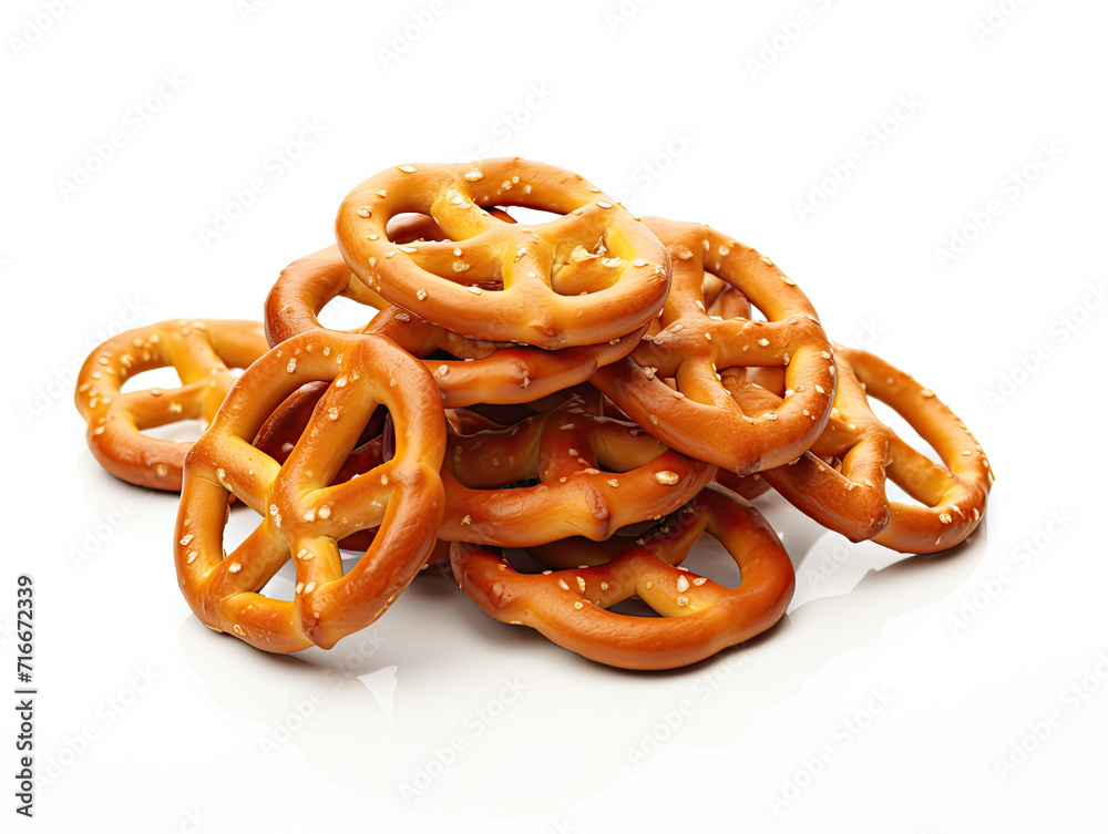 Savory pretzels, stacked on a pristine white backdrop, showcase their iconic saltiness and crunch, enticing as a beloved snack Savory pretzels, stacked on a pristine white backdrop, showcase their iconic saltiness and crunch, enticing as a beloved snack