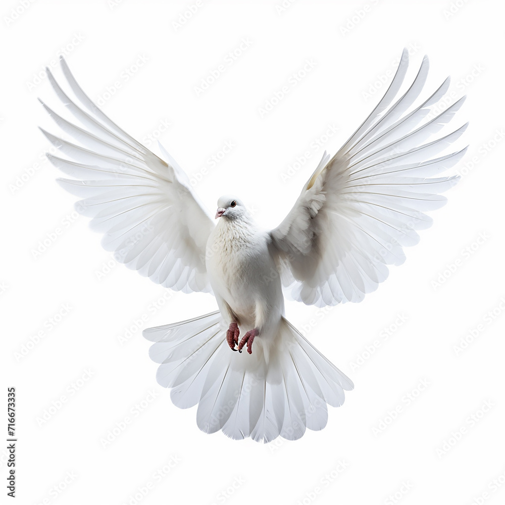 In the top view, a single white color pigeon flying isolated on a white background In the top view, a single white color pigeon flying isolated on a white background