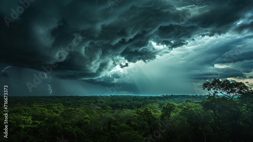 A thunderstorm over a lush forest showing the power of natural elements.