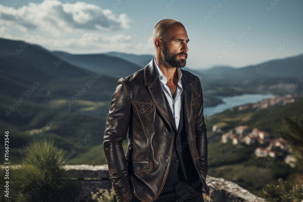 Portrait of a jovial man in his 30s sporting a stylish leather blazer against a panoramic mountain vista. AI Generation