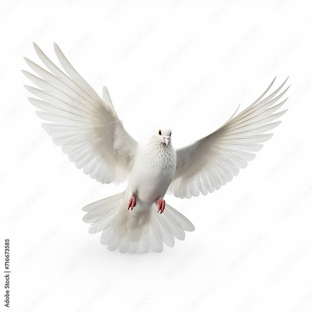 In the top view, a single white color pigeon flying isolated on a white background In the top view, a single white color pigeon flying isolated on a white background