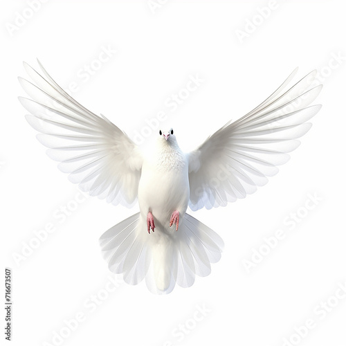 In the top view  a single white color pigeon flying isolated on a white background