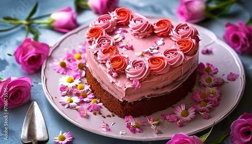 Unusual cake decorated with flowers for Valentine's Day. Unusual background and colors.