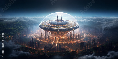 a futuristic city surrounded by clouds and a giant glass ball in the middle of the sky with a city in the middle, generative ai photo