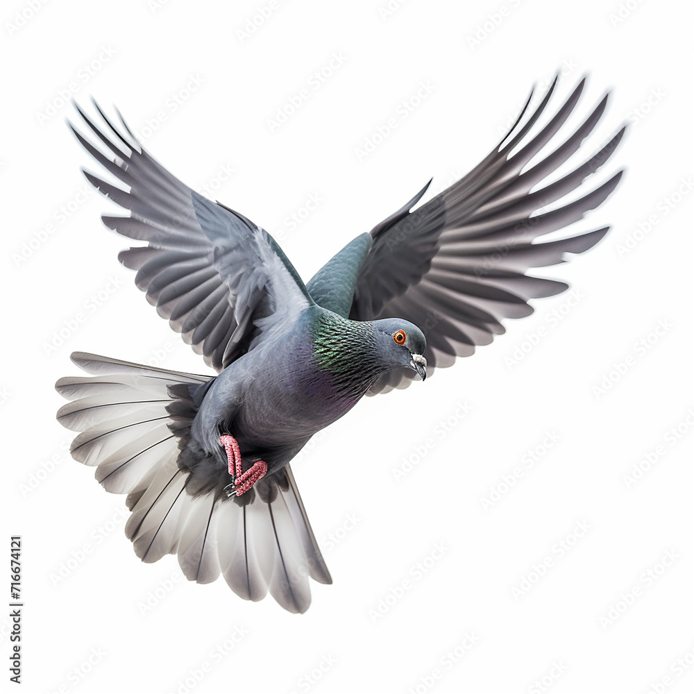 Fototapeta premium Single pigeon flying isolated on a white background
