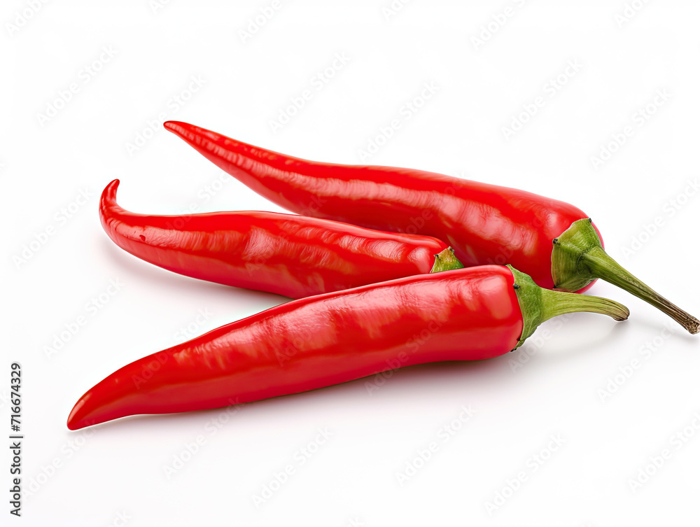 Fiery red chilies ignite isolated on white, renowned for their bold zest, infusing diverse cuisines with vibrant, unforgettable flavor