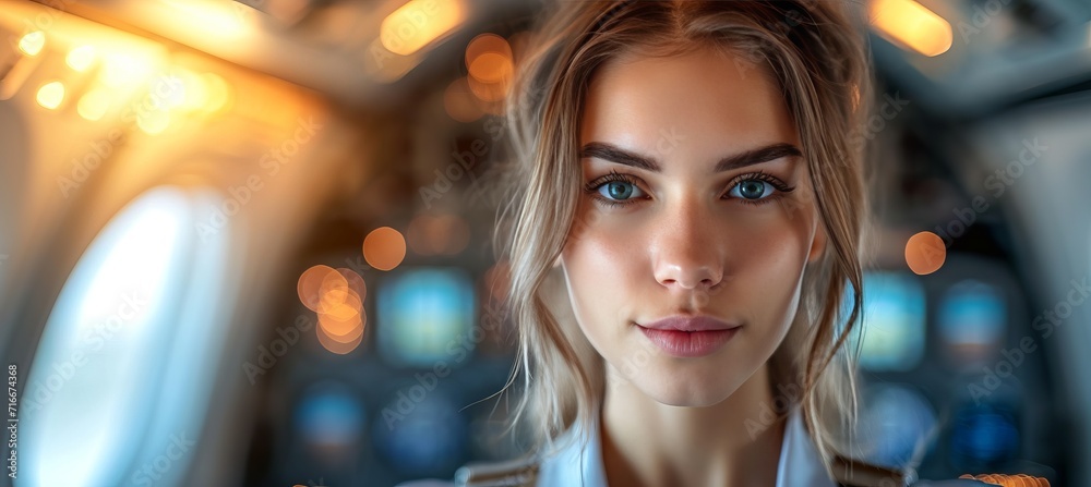 Professional female flight attendant in uniform standing in blurred aircraft cabin interior Professional female flight attendant in uniform standing in blurred aircraft cabin interior