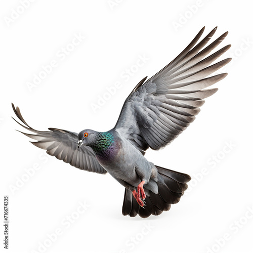 Single pigeon flying isolated on a white background