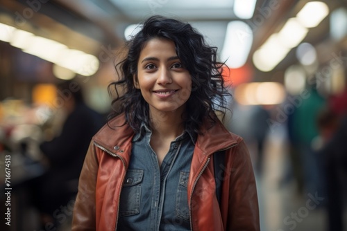 Portrait of a grinning indian woman in her 40s sporting a rugged denim jacket against a bustling shopping mall. AI Generation