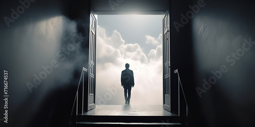 A man in front of an open door. success. business movement. Reflection on Goals and Open Opportunities