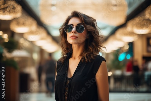 Portrait of a content woman in her 40s wearing a trendy sunglasses against a bustling shopping mall. AI Generation © CogniLens