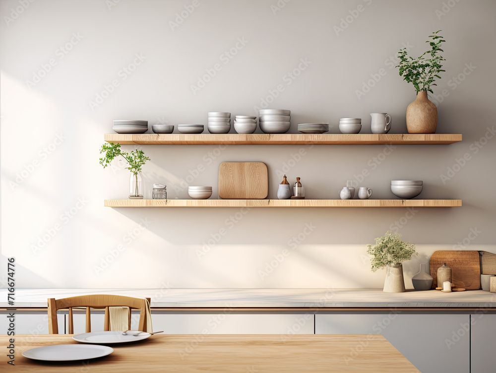 Sleek minimalist kitchen: airy shelves, Nordic decor; simplicity and elegance merge seamlessly in every meticulous detail