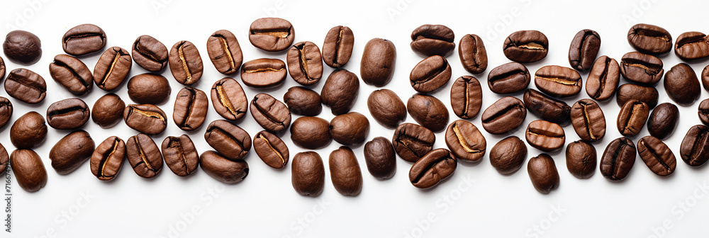Obraz premium Panoramic coffee beans isolated on a white background in the top view