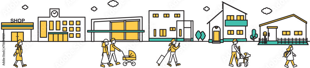 学校や低層住居が多い地域の街並みのシンプルな線画のイラストF(人物) 学校や低層住居が多い地域の街並みのシンプルな線画のイラストF(人物)