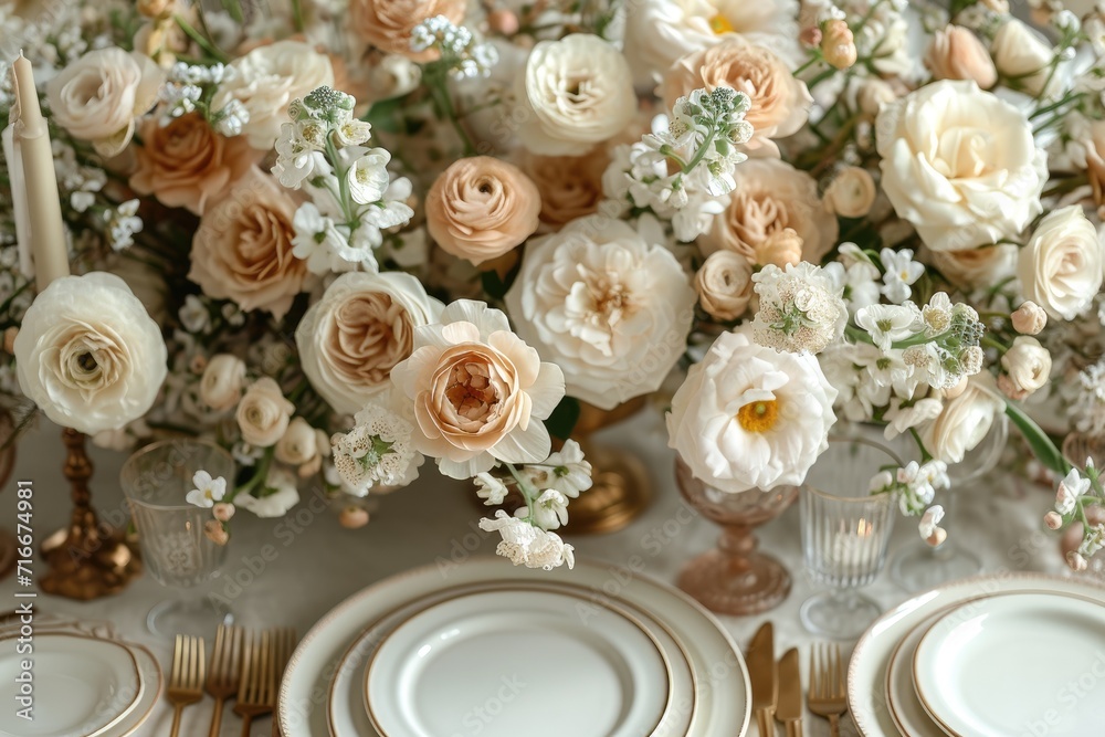 A stunning floral centerpiece adorns a table set with delicate porcelain plates, showcasing the art of flower arranging with a vibrant bouquet of garden roses and cut flowers, evoking feelings of ele A stunning floral centerpiece adorns a table set with delicate porcelain plates, showcasing the art of flower arranging with a vibrant bouquet of garden roses and cut flowers, evoking feelings of ele