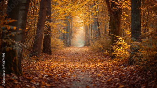 A tranquil Eastern European forest path in autumn lined with golden leaves and ancient trees.