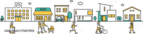 学校や低層住居が多い地域の街並みのシンプルな線画のイラストC（人物）