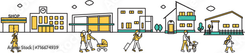 学校や低層住居が多い地域の街並みのシンプルな線画のイラストF（人物）
