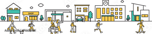 学校や低層住居が多い地域の街並みのシンプルな線画のイラストE（人物）