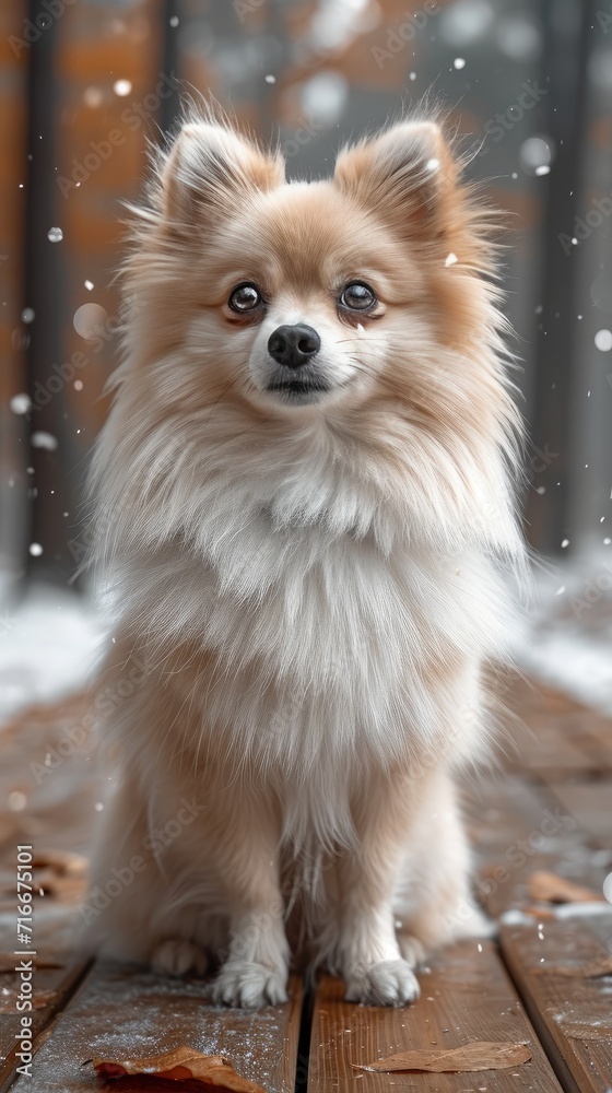 A majestic pomeranian sits regally on a snowy wood surface, exuding warmth and loyalty as the winter winds blow around its furry coat A majestic pomeranian sits regally on a snowy wood surface, exuding warmth and loyalty as the winter winds blow around its furry coat