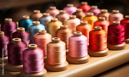 Sewing threads multicolored background closeup. Stand with thread spools on table in atelier 