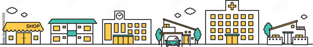 Obraz premium 病院や大学が近くにある街並みのシンプルな線画のイラストA