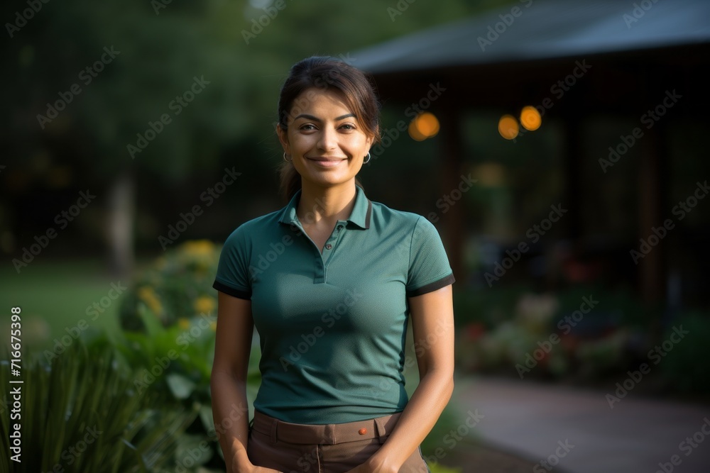 Portrait of a glad indian woman in her 40s wearing a sporty polo shirt against a backdrop of a traditional japanese garden. AI Generation Portrait of a glad indian woman in her 40s wearing a sporty polo shirt against a backdrop of a traditional japanese garden. AI Generation