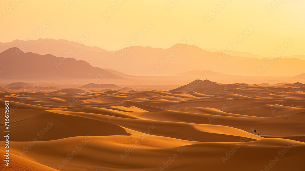 A vast desert landscape at sunset with rolling sand dunes and a lone camel silhouette in the distance.