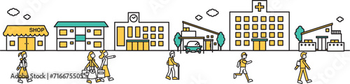病院や大学が近くにある街並みのシンプルな線画のイラストA（人物）